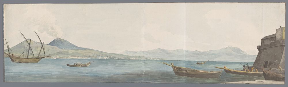 Gezicht op Vesuvius en kust van Portici vanaf hoek van Castel dell'Ovo (1778) by Louis Ducros