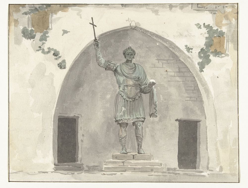 Bronzen beeld van keizer op het marktplein van Barletta (1778) by Louis Ducros