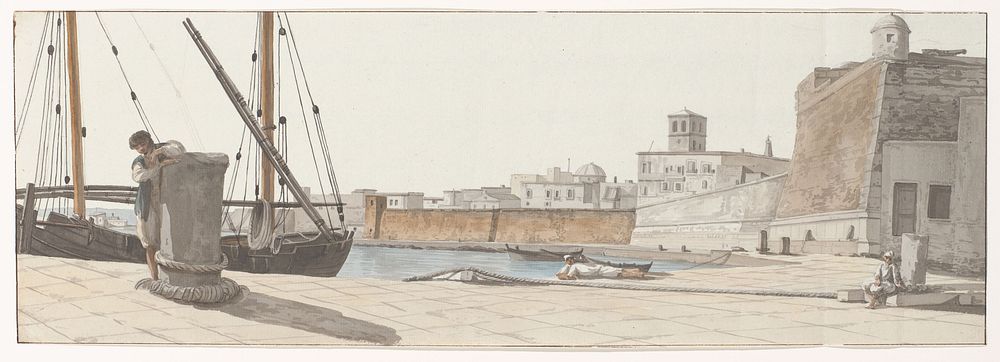 Gezicht op de haven van Bari met geplaveide kade (1778) by Louis Ducros