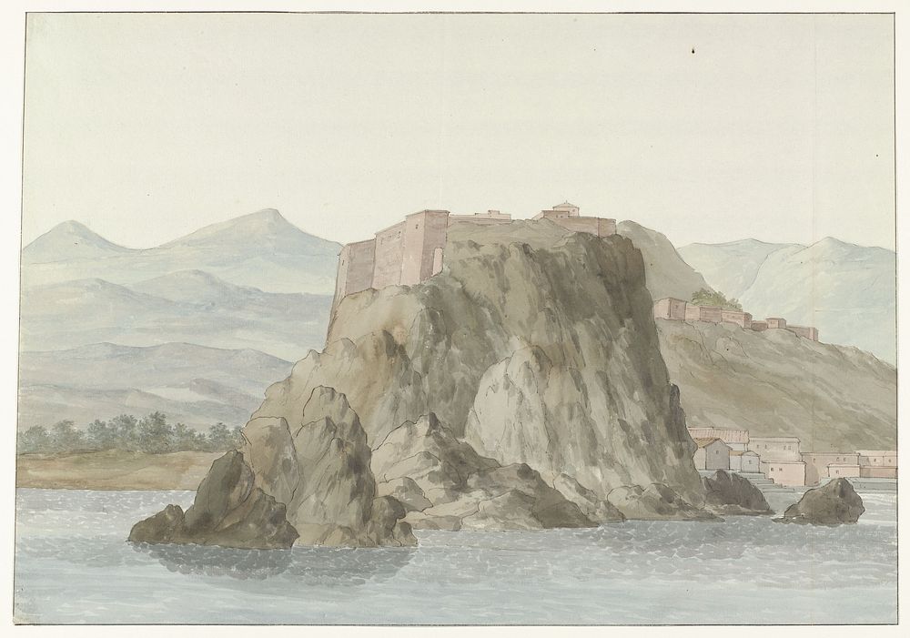 Rots en stad Scilla in de regio Calabrië gezien vanaf zee aan de noordkant (1778) by Louis Ducros