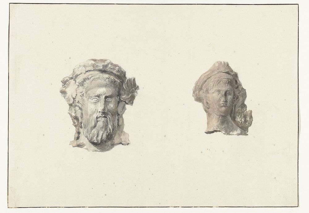 Twee hoofden van beelden van het theater van Tarente opgegraven in aanwezigheid van de kunstenaar (1778) by Louis Ducros