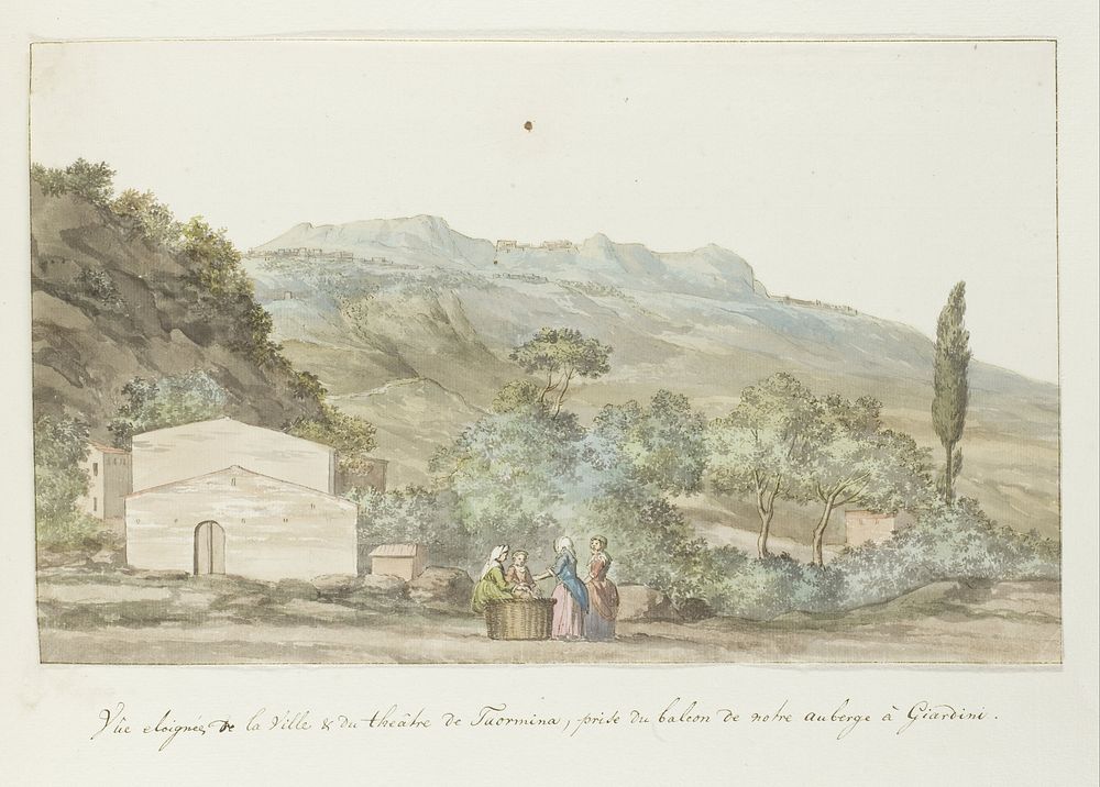 Gezicht op de stad en het theater van Toarmine vanaf balkon van herberg te Giardini (1778) by Louis Ducros