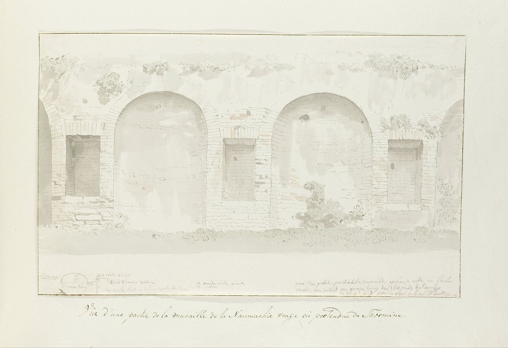 Gezicht op muur van Naumachie in Taormina (1778) by Louis Ducros