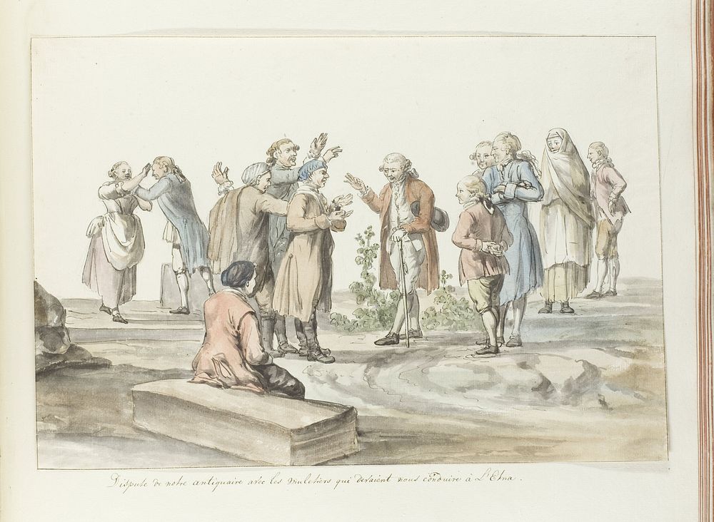 Onderhandeling tussen gids van reisgezelschap en muilezeldrijvers met wie zij naar de Etna gaan (1778) by Louis Ducros