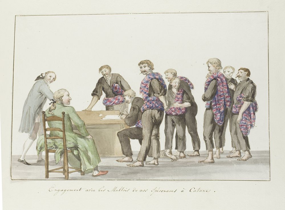 Kennismaking met matrozen van de Speronares schepen afkomstig uit Malta bij Catanië (1778) by Louis Ducros