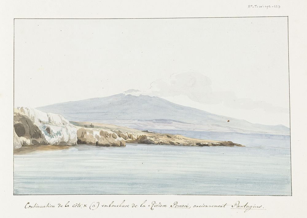 Gezicht op de kust met brede monding van rivier Porcari, voorheen Pantagias genaamd (1778) by Louis Ducros
