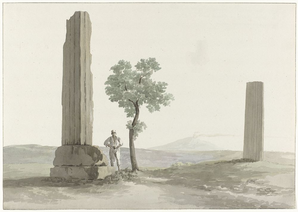 Twee fragmenten van zuilen van de tempel van Zeus Olympus op afstand van halve mijl van rivier Anapus (1778) by Louis Ducros