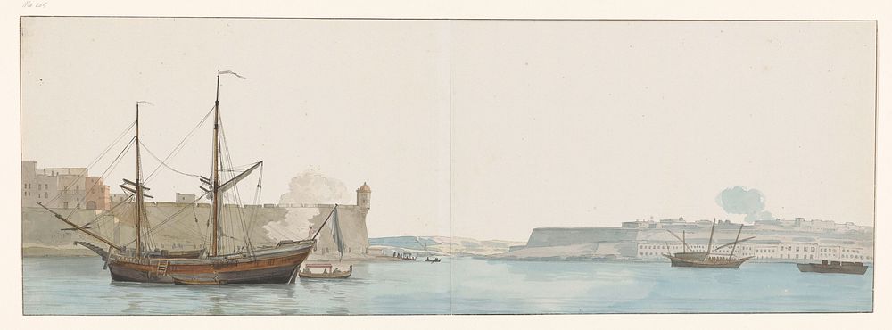 Gezicht op Castel Sant'Angelo in haven van galei schepen te Malta (1778) by Louis Ducros