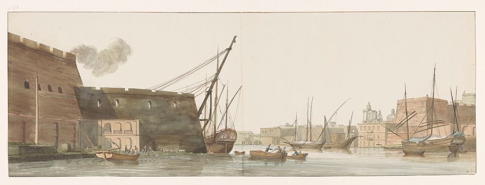 Gezicht op werf in haven van galei schepen te Malta (1778) by Louis Ducros