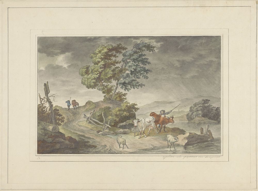 Heuvelig landschap met veeherder en wandelaars bij dreigende hemel (1775 - 1814) by Georg Lamprecht
