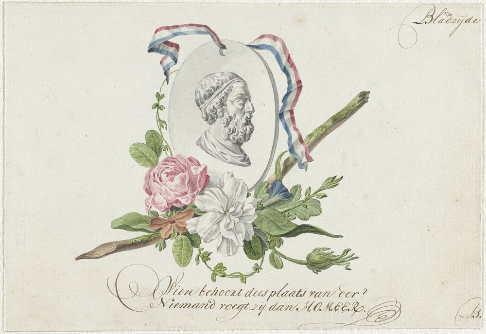 Vignet met bloemen, portretmedaillon en lint (1782) by Willem Bilderdijk
