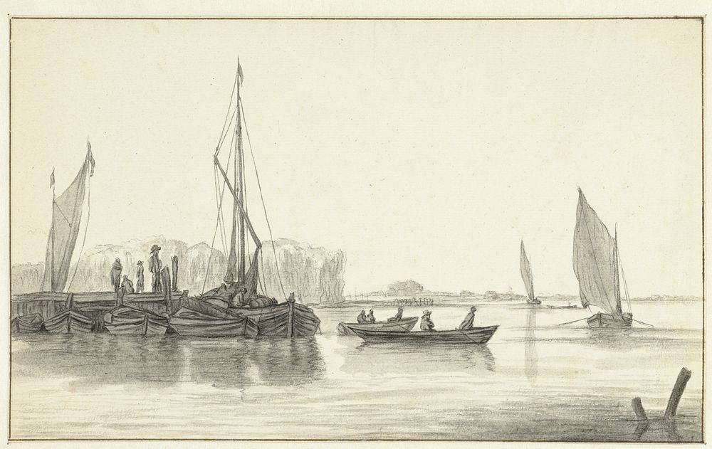 Rivierlandschap met een aanlegsteiger met boten (1630 - 1676) by Hendrick Jacobsz Dubbels