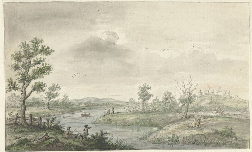 Landschap met kronkelende rivier en hengelaars (1661 - 1693) by Gerrit Grasdorp