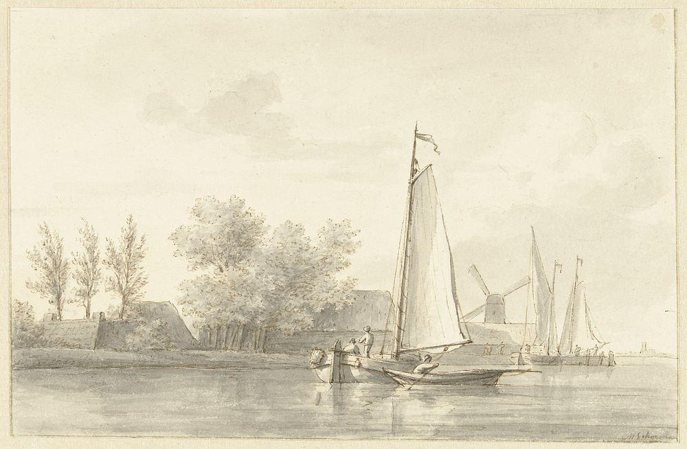 Riviergezicht met zeilschip en roeiboot (1780 - 1848) by Martinus Schouman