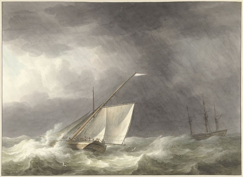 Twee zeilschepen op woelige zee (1803) by Martinus Schouman
