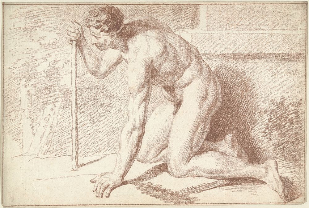 Mannelijk naakt, knielend, met stok, naar links (1726) by Louis Fabritius Dubourg