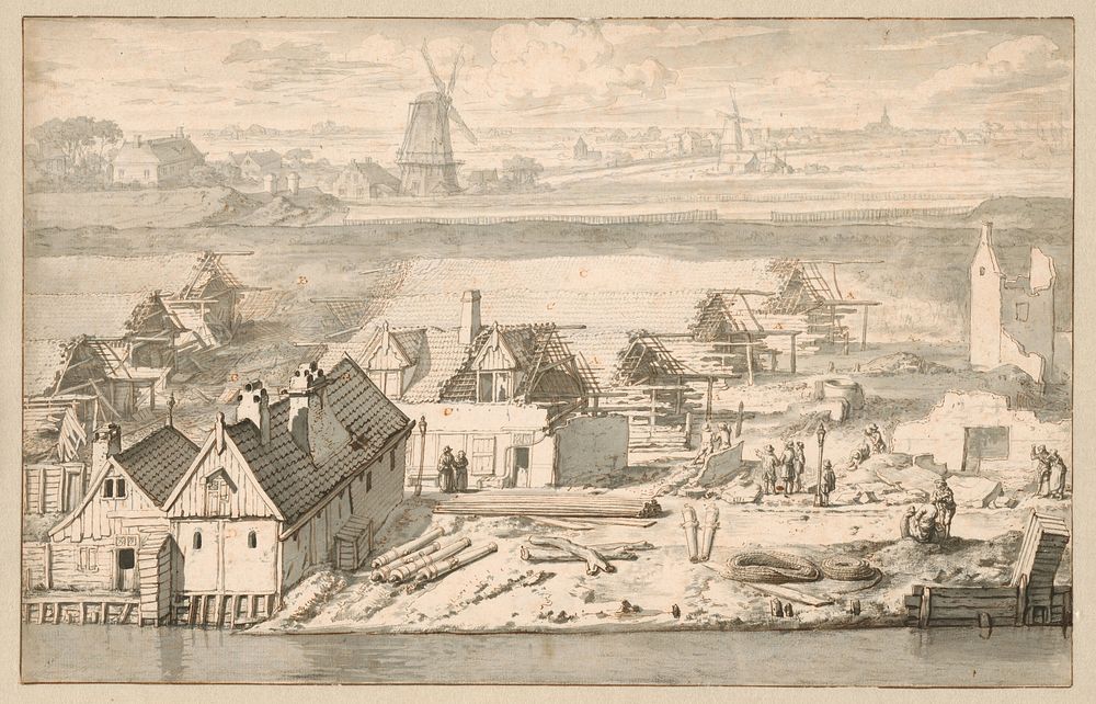 Ruïnes van de drie uitgebrande lijnbanen op de schans aan de Smallepadsgracht, 1680 (1680 - 1690) by Jan van der Heyden