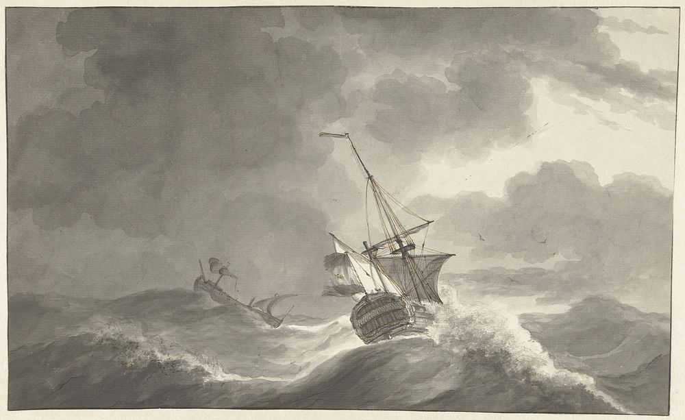Twee schepen op zee bij storm (1761 - 1779) by Hendrik Kobell