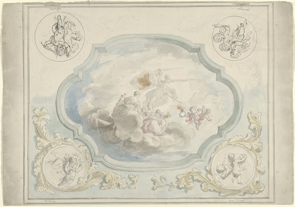 Ontwerp voor een plafondschildering met Charitas en Pax (1715 - 1798) by Dionys van Nijmegen
