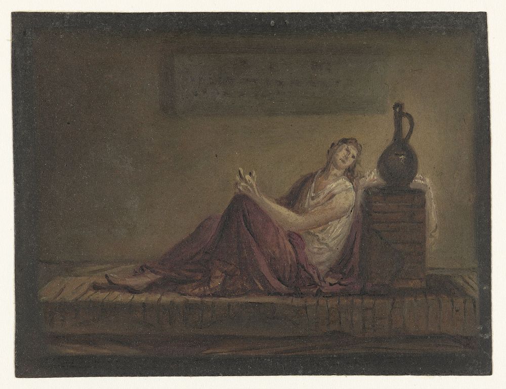 Vrouw zittend op haar bed in een cel (1700 - 1800) by anonymous