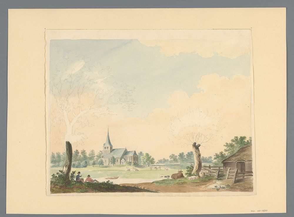 Landschap met zicht over weiland op een kerk (1700 - 1800) by anonymous