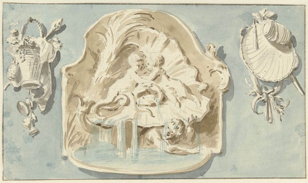 Ornament van fonteintje en twee trofeeën (1700 - 1800) by anonymous