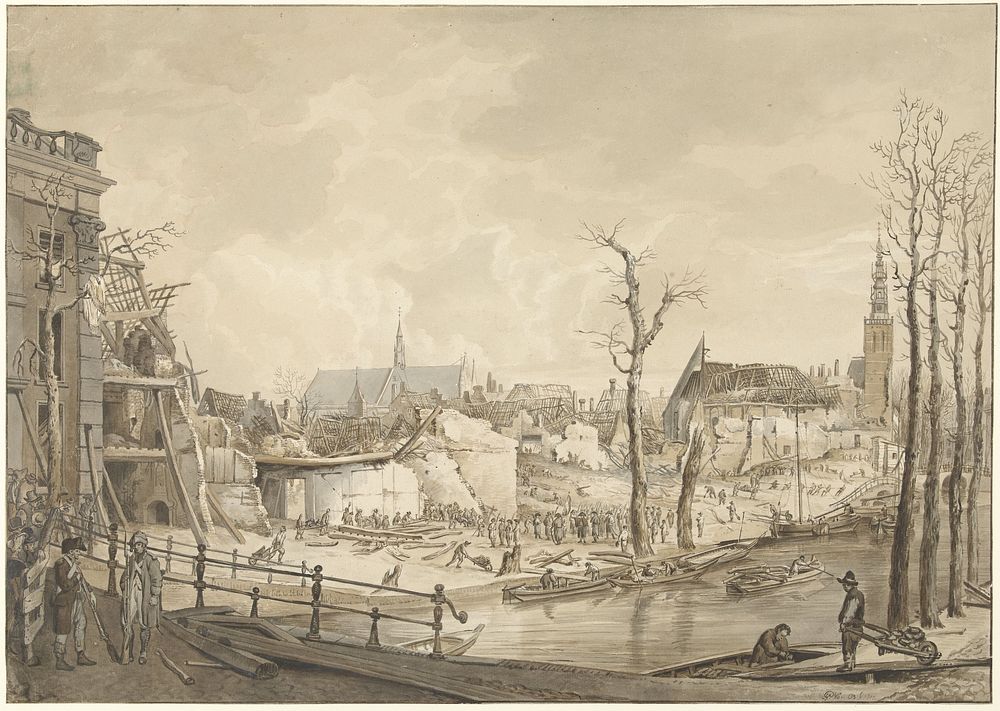 Ruïnes op de noordzijde van het Steenschuur na de Buskruitramp te Leiden, 12 januari 1807 (1807) by Pieter Gerardus van Os