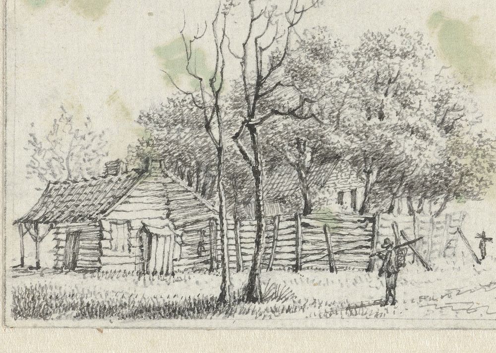 Huisjes met houten schutting tussen bomen (1810 - 1827) by Johannes Ludovicus van den Bos