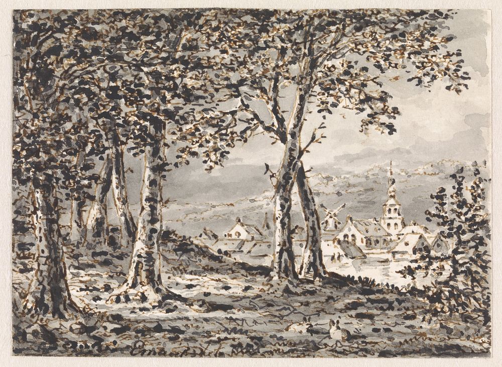Gezicht door bomen op een dorp (1858) by Gerardus Emaus de Micault