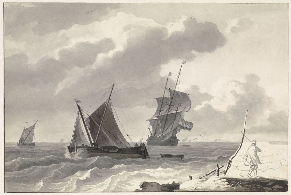 Zeilschepen op woelig water voor de kust (1827 - 1880) by Willem Gruyter jr and Ludolf Bakhuysen
