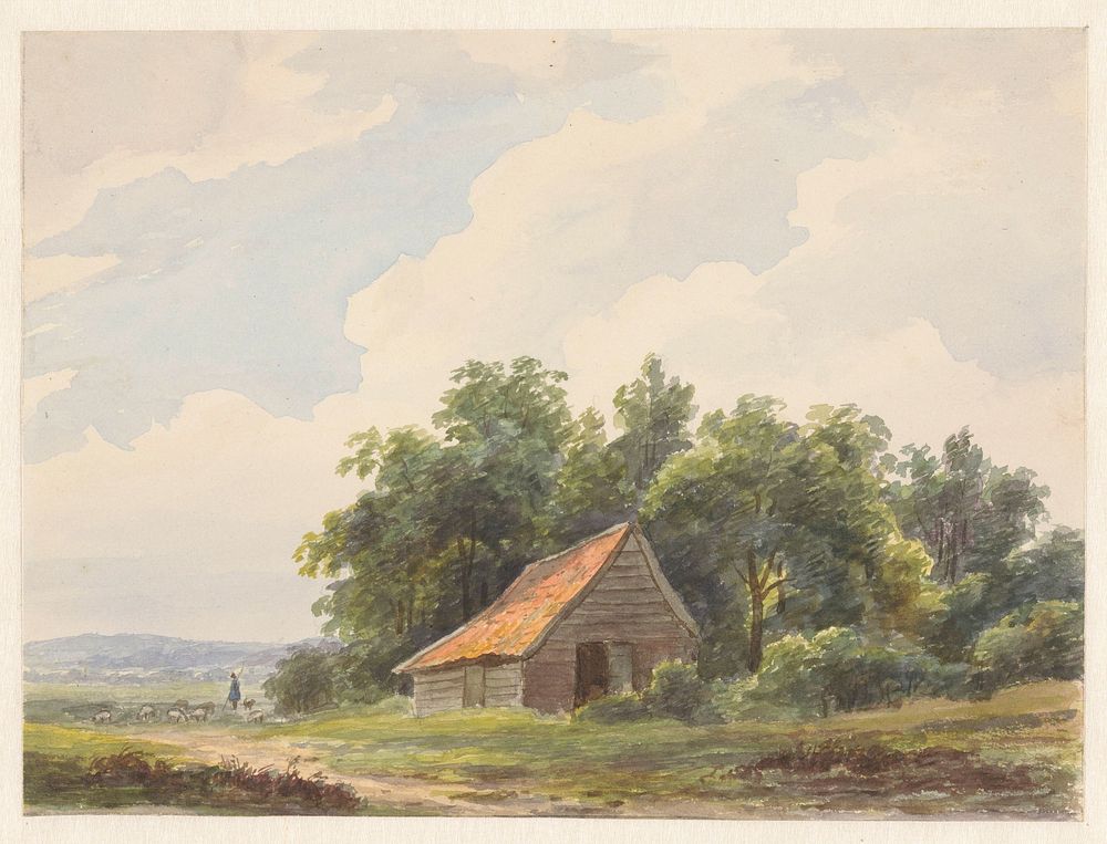 Landschap met schuur en in de verte een herder met schapen (1797 - 1870) by Andreas Schelfhout