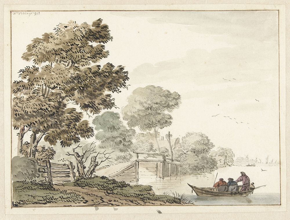 Landschap met een houten brug en bomen langs een vaart (1704) by Wigerus Vitringa