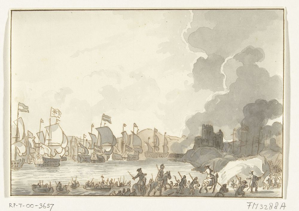 Landing van de Engelse en Nederlandse vloot bij Cadiz, 1702 (1702) by anonymous and Ludolf Bakhuysen