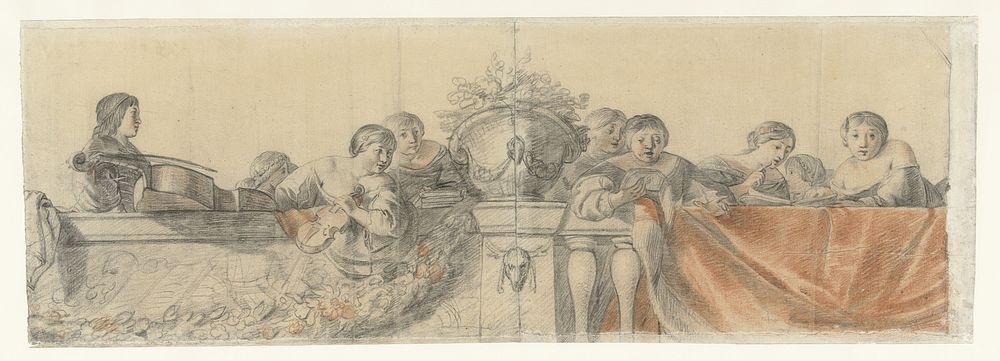 Personen op een balustrade met festoenen (1633 - 1638) by Cornelis Holsteyn