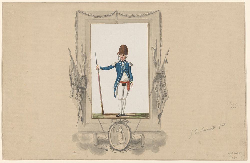 Staande soldaat in ornamentale omlijsting (1790 - 1818) by Jan Anthonie Langendijk Dzn