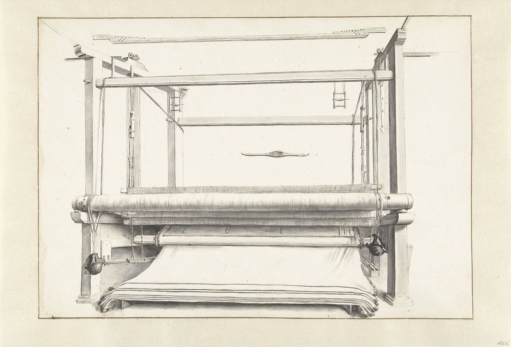 De lakenfabricage: een weefgetouw en enkele losse onderdelen (1672 - 1747) by Willem van Mieris