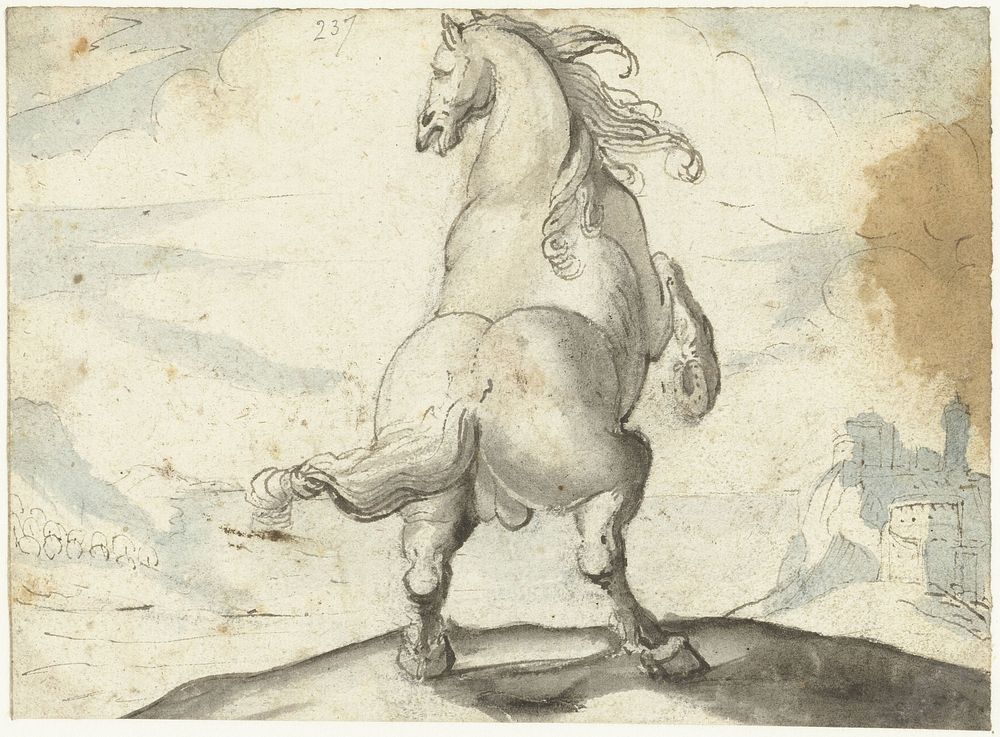 Steigerend paard voor een Italiaans havengezicht (c. 1615) by Gerard ter Borch I and Antonio Tempesta