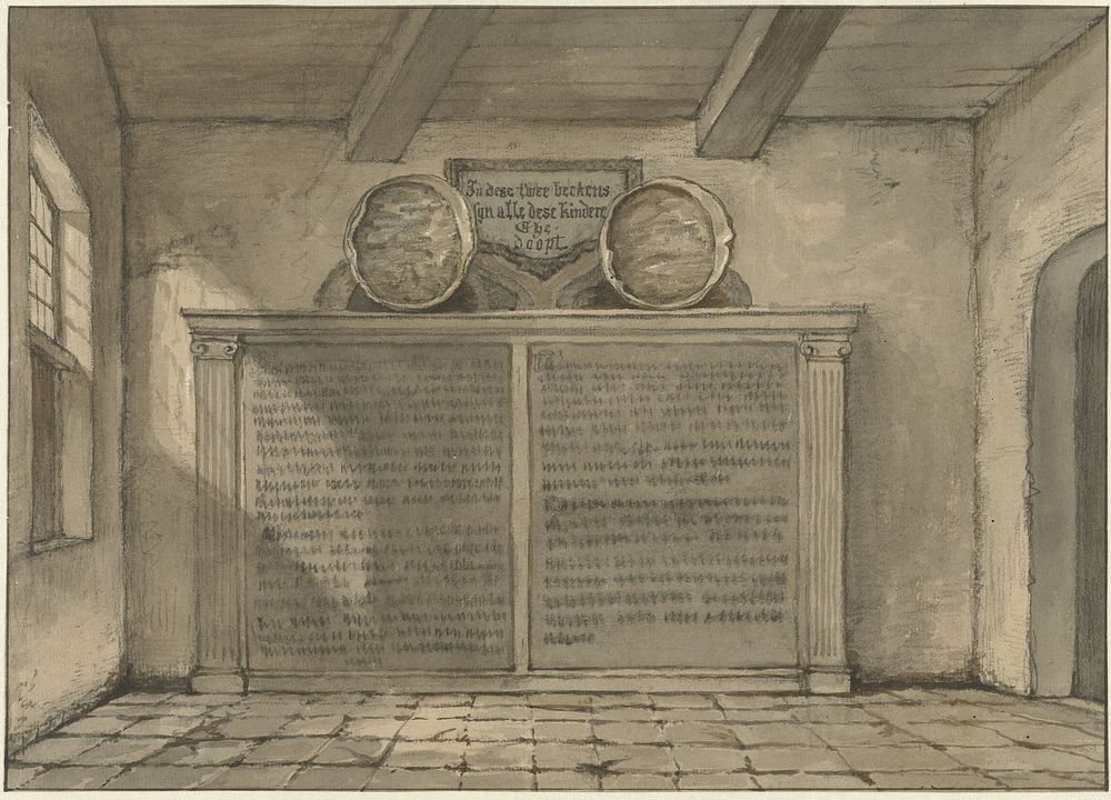 Twee koperen bekkens in de kerk te Loosduinen (1837) by Gerrit Lamberts