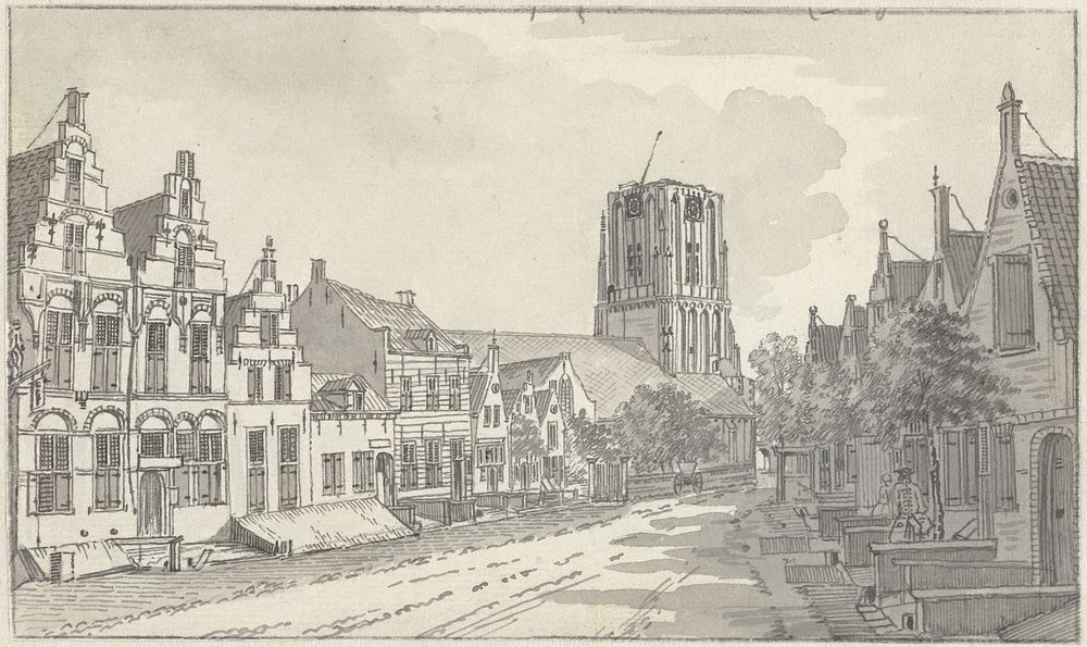 Gezicht door de Kerkstraat op de kerk te Workum (1713 - 1780) by Jan de Beijer