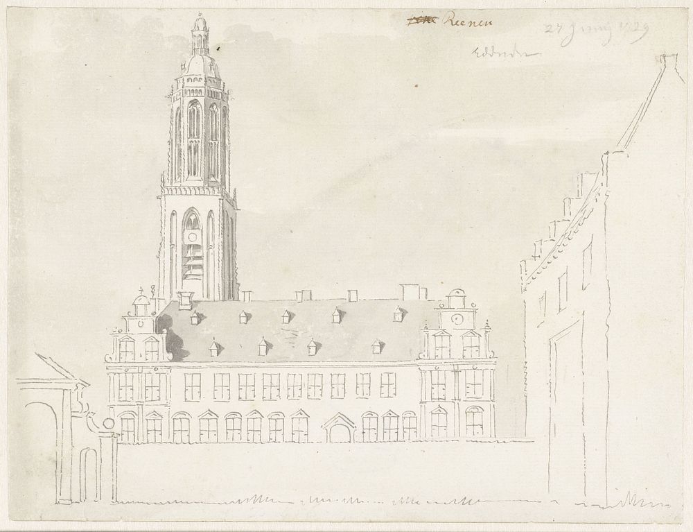 Gezicht op het Koningshuis en kerk van Rhenen (1729) by Cornelis Pronk