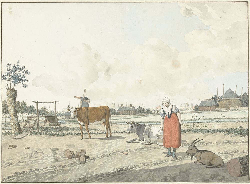 Landschap met boerin en vee (1700 - 1800) by W Barthautz