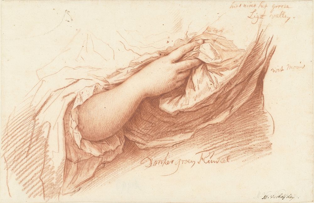 Studie van een rechterarm en hand op een wijde mouw (1710 - 1777) by Mattheus Verheyden