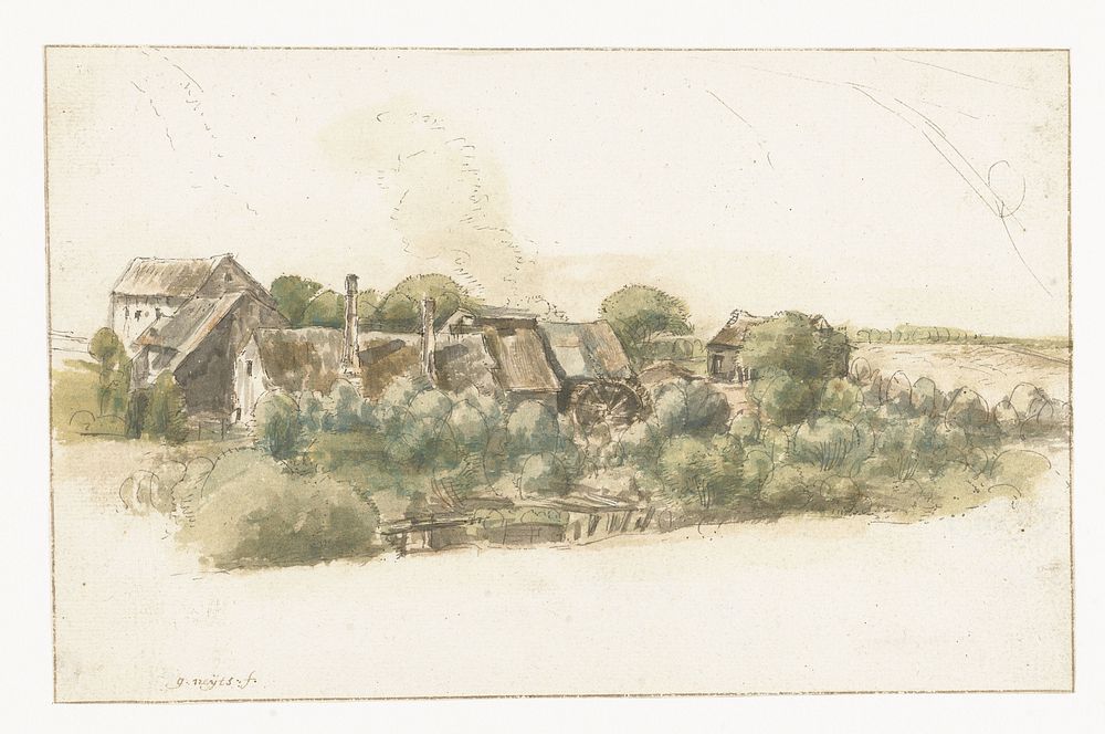 Gezicht op enkele huizen en een watermolen tussen bomen (1633 - 1687) by Gilles Neyts