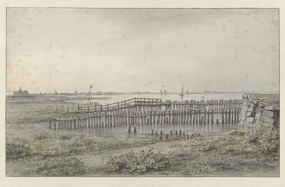 Rivierlandschap met palissaden (1805 - 1862) by Joannes Dijkhoff jr