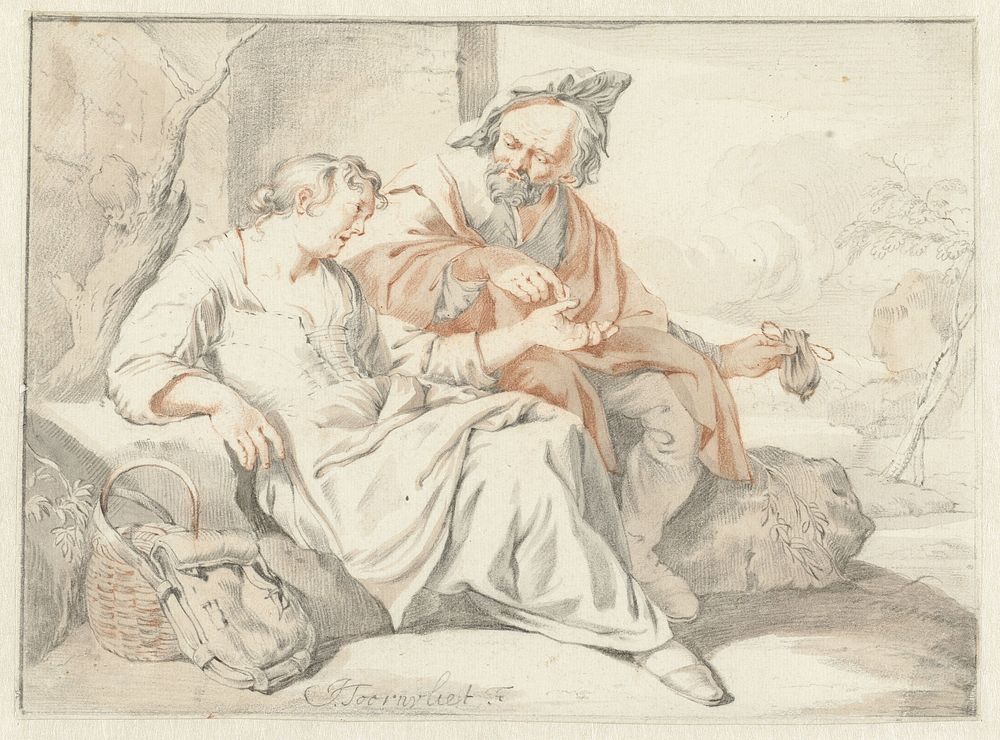 Zittende vrouw neemt geld aan van een man (1650 - 1719) by Jacob Toorenvliet