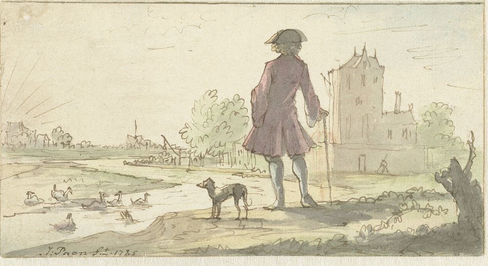 Man met hond bij water (1682 - 1708) by J Paon, Caspar Luyken and anonymous