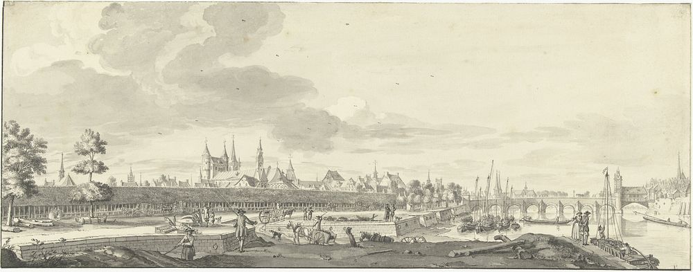 Gezicht op het Bat en de Maasbrug te Maastricht (1713 - 1780) by Jan de Beijer