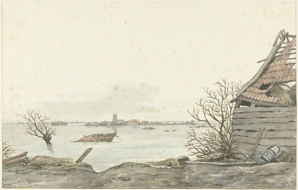 Gezicht op het overstroomde Ransdorp, februari 1825 (1825) by Gerrit Lamberts