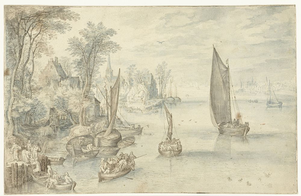 Stad aan een brede rivier (1680 - 1720) by anonymous and Jan Brueghel I
