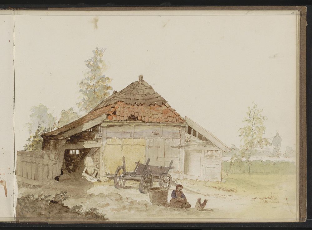 Kar en meisje voor een boerenschuur (1859 - 1864) by Hendrik Valkenburg